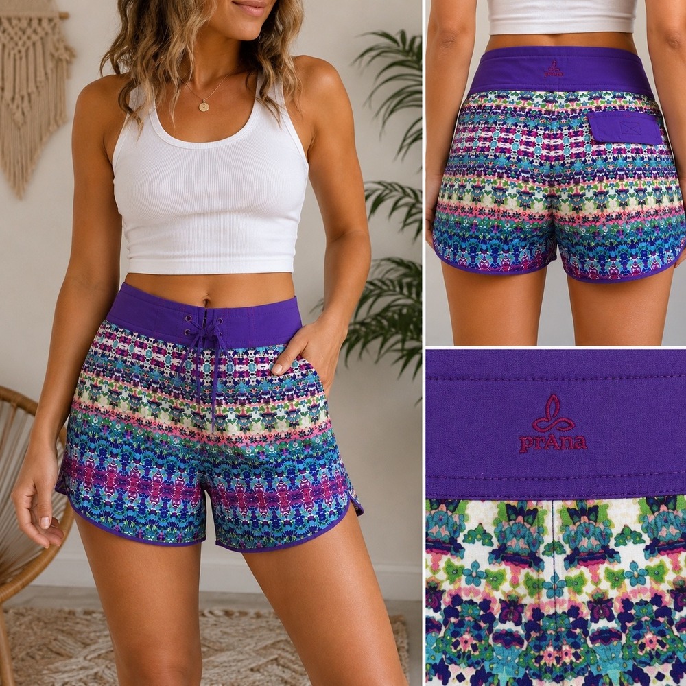Prana Women Purple Multicolor Geometric Board Shorts XL‎ Swim Surf RN124977